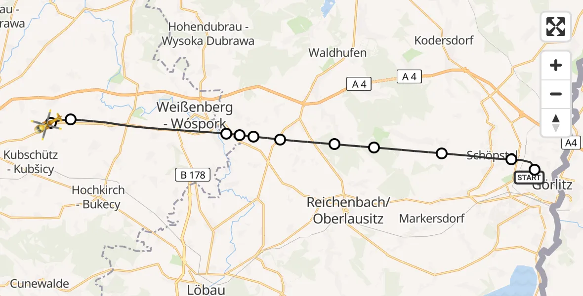 Flugroute Rettungshubschrauber Görlitz Hospital - Bautzen Flugplatz, 26 Juni 2026, 11:31