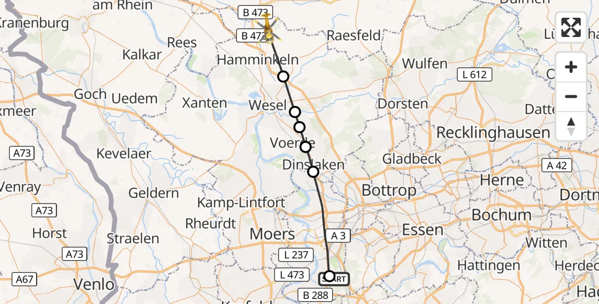 Flugroute Rettungshubschrauber Duisburg Air Rescue Hubschrauberlandeplatz (Christoph 9) - Hamminkeln, 26 Juni 2026, 11:31