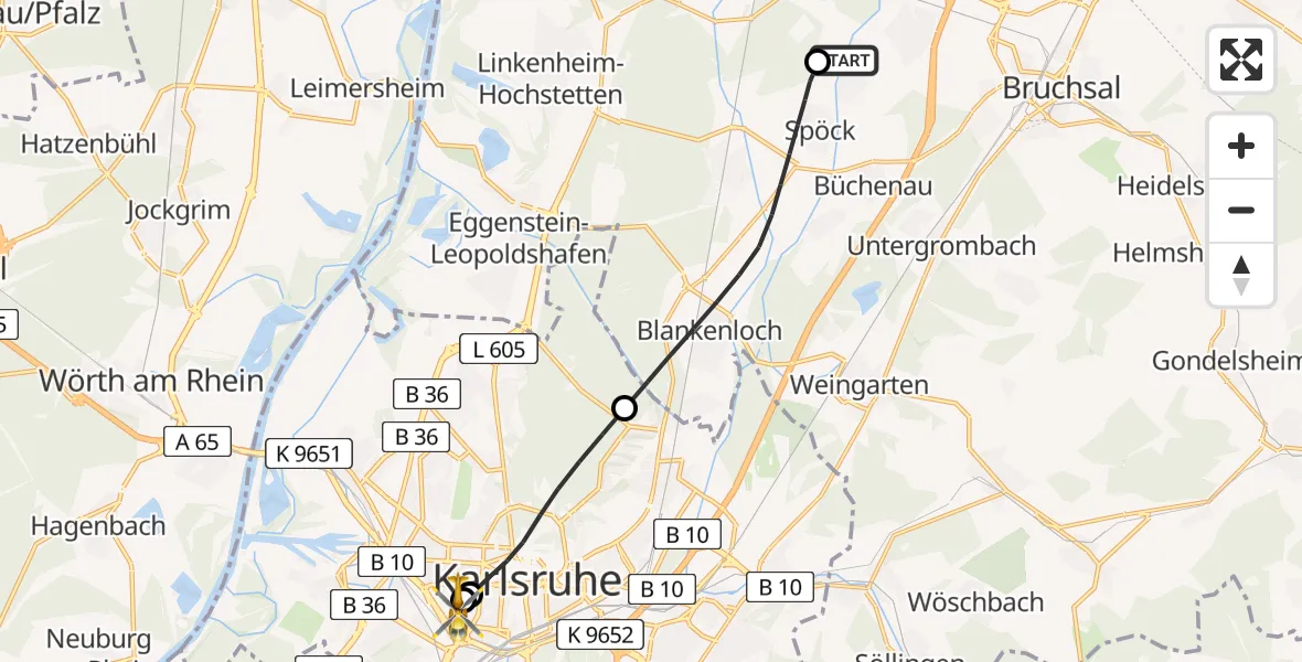 Flugroute Ambulanzhubschrauber Karlsdorf-Neuthard - Sankt Vincentius Hospital, 26 Juni 2026, 11:31