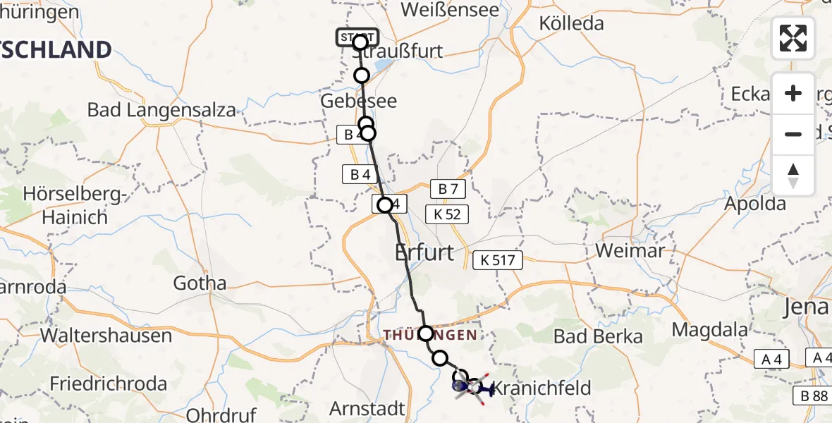 Flugroute Polizeihubschrauber Gangloffsömmern - Osthausen-Wülfershausen, 26 Juni 2026, 11:35