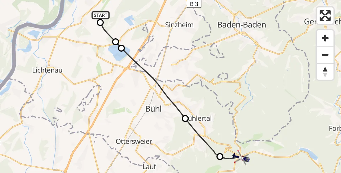 Flugroute Polizeihubschrauber Karlsruhe Baden-Baden Flughafen - Bühl, 26 Juni 2026, 11:39