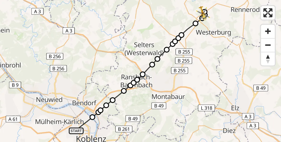 Flugroute Rettungshubschrauber Koblenz - Ailertchen, 26 Juni 2026, 11:39