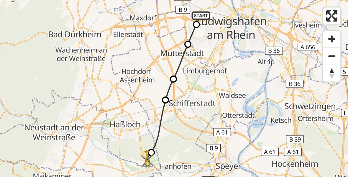 Flugroute Rettungshubschrauber Ludwigshafen Accident Hospital - Haßloch, 26 Juni 2026, 11:43