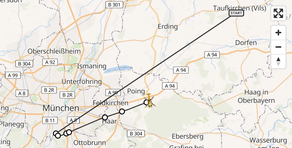 Flugroute Rettungshubschrauber Taufkirchen (Vils) - Anzing, 26 Juni 2026, 11:44