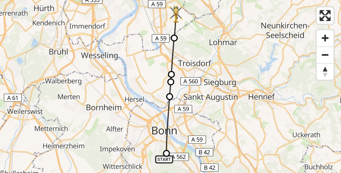 Flugroute Ambulanzhubschrauber Bonn University Hospital - Köln Bonn Flughafen, 26 Juni 2026, 11:47