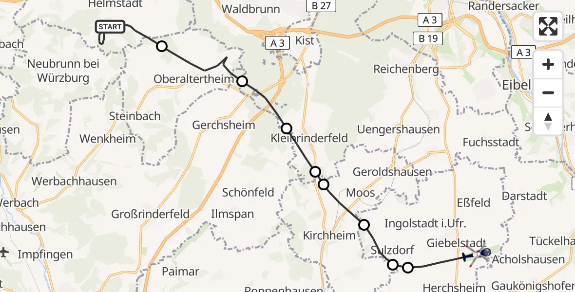 Flugroute Polizeihubschrauber Helmstadt - Giebelstadt Flughafen, 26 Juni 2026, 11:47