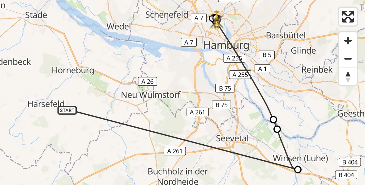 Flugroute Rettungshubschrauber Harsefeld - Universitätsklinikum Hamburg-Eppendorf Hubschrauberlandeplatz, 26 Juni 2026, 12:15