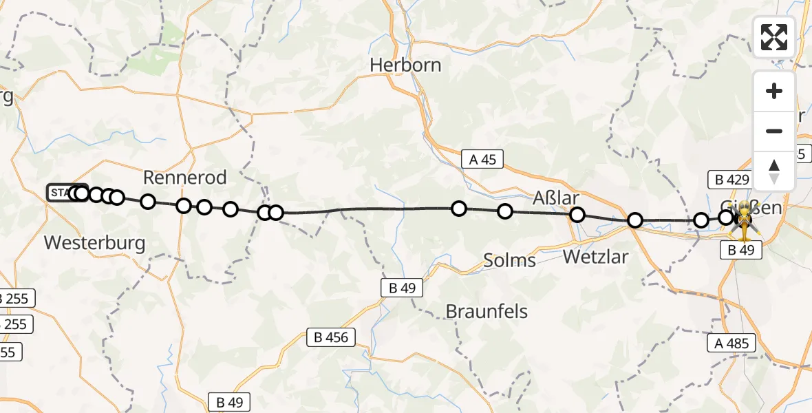 Flugroute Rettungshubschrauber Ailertchen - Gießen University Hospital, 26 Juni 2026, 12:16