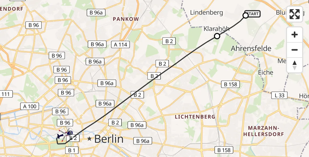 Flugroute Polizeihubschrauber Ahrensfelde Hubschrauberlandeplatz - Berlin, 26 Juni 2026, 12:19