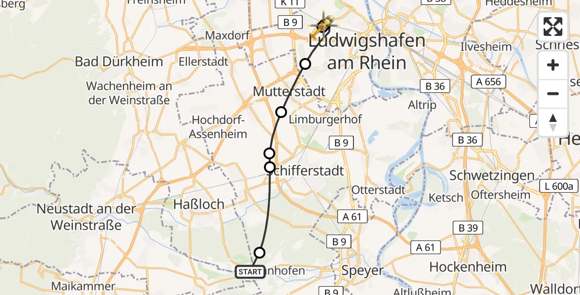 Flugroute Rettungshubschrauber Haßloch - Ludwigshafen Accident Hospital, 26 Juni 2026, 12:21