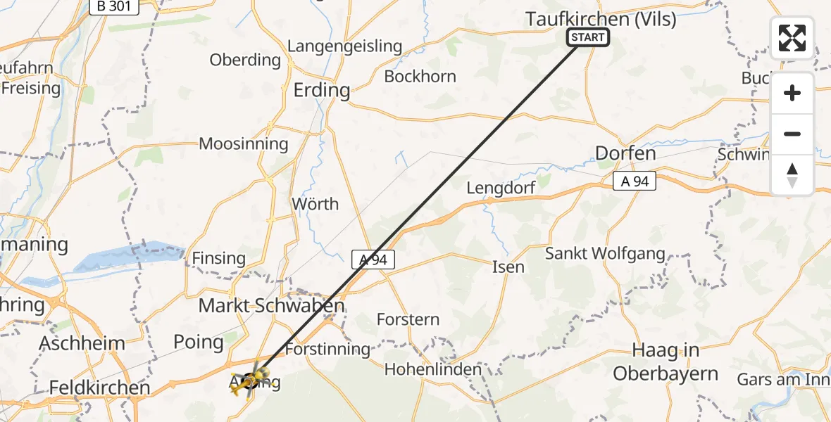 Flugroute Rettungshubschrauber Taufkirchen (Vils) - Anzing, 26 Juni 2026, 12:23