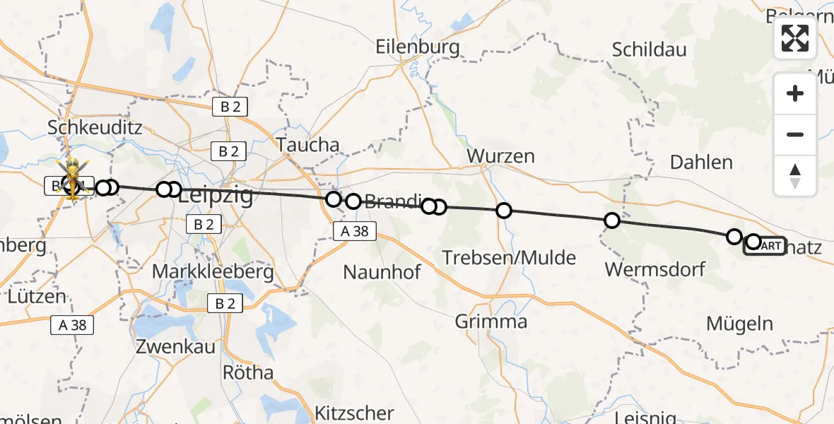 Flugroute Rettungshubschrauber Oschatz Flugplatz - ADAC Air Rescue Station Leipzig/Schkeuditz-Dölzig Hubschrauberlandeplatz (Christoph 61), 26 Juni 2026, 12:25