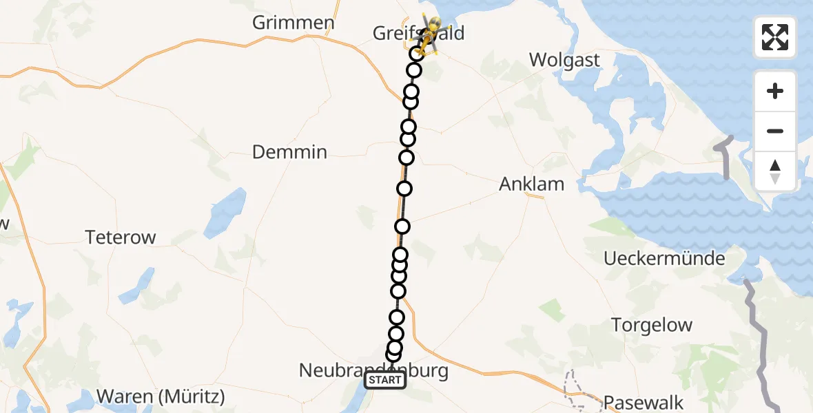 Flugroute Rettungshubschrauber Neubrandenburg - Greifswald Hospital, 26 Juni 2026, 12:25