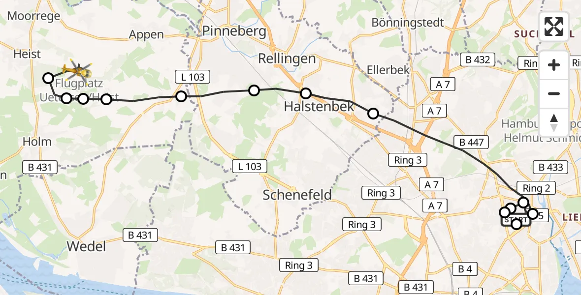 Flugroute Rettungshubschrauber Universitätsklinikum Hamburg-Eppendorf Hubschrauberlandeplatz - Uetersen-Heist Flugplatz, 26 Juni 2026, 12:28