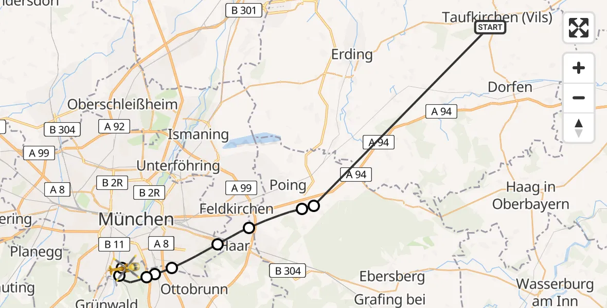 Flugroute Rettungshubschrauber Taufkirchen (Vils) - ADAC Air Rescue Center Hubschrauberlandeplatz (Christoph 1), 26 Juni 2026, 12:36