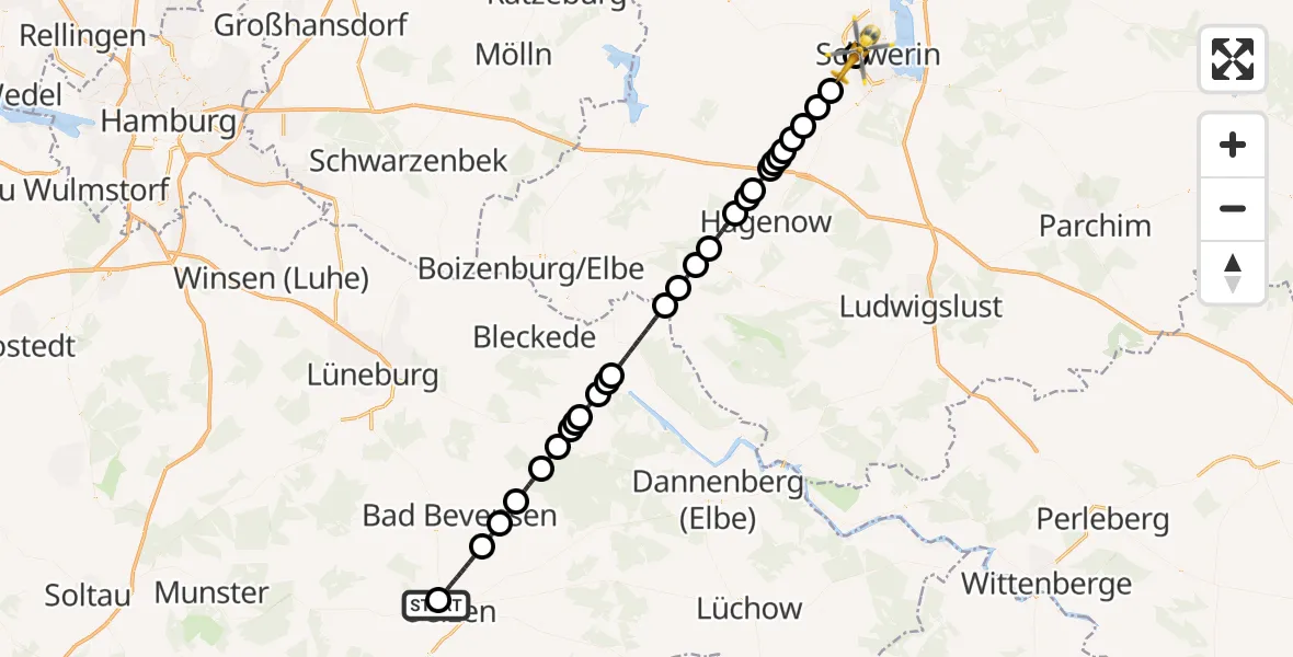 Flugroute Rettungshubschrauber ADAC Air Rescue Station Uelzen Hubschrauberlandeplatz (Christoph 19) - Schwerin, 26 Juni 2026, 12:37