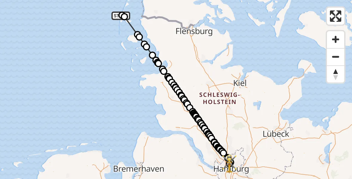 Flugroute Rettungshubschrauber Sylt - Universitätsklinikum Hamburg-Eppendorf Hubschrauberlandeplatz, 26 Juni 2026, 12:37