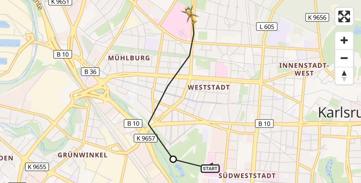 Flugroute Ambulanzhubschrauber Sankt Vincentius Hospital - Karlsruhe, 26 Juni 2026, 12:40