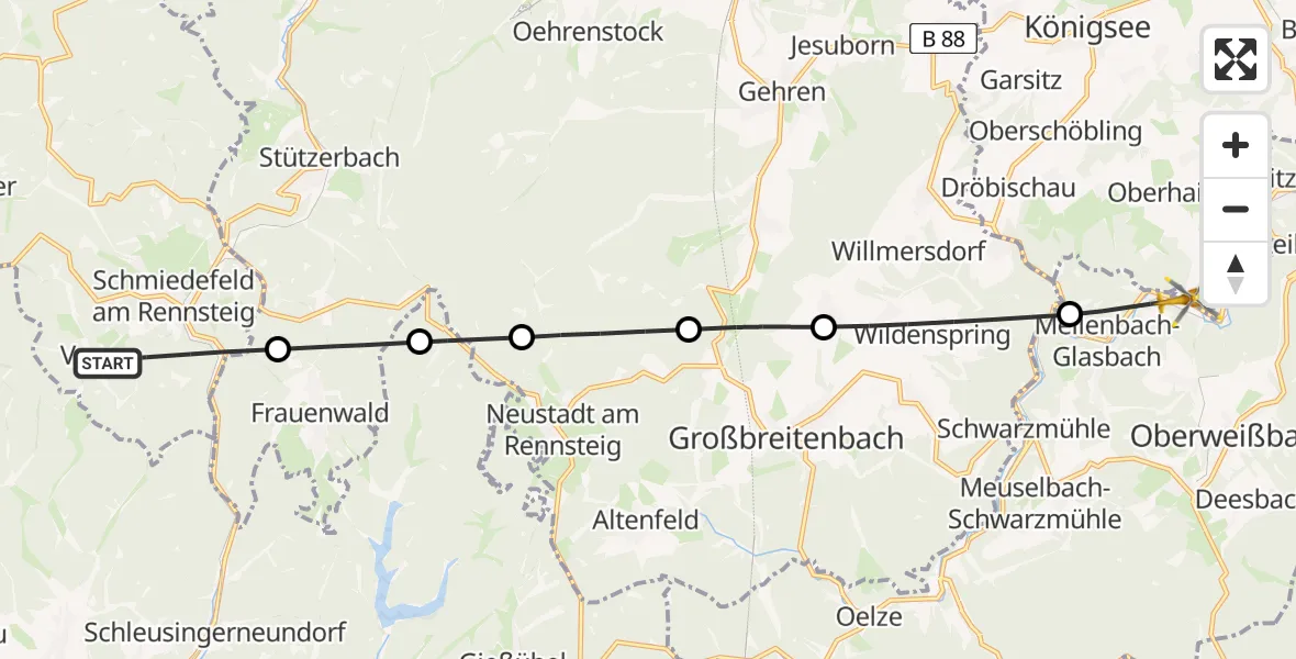 Flugroute Rettungshubschrauber Suhl - Königsee, 26 Juni 2026, 12:46