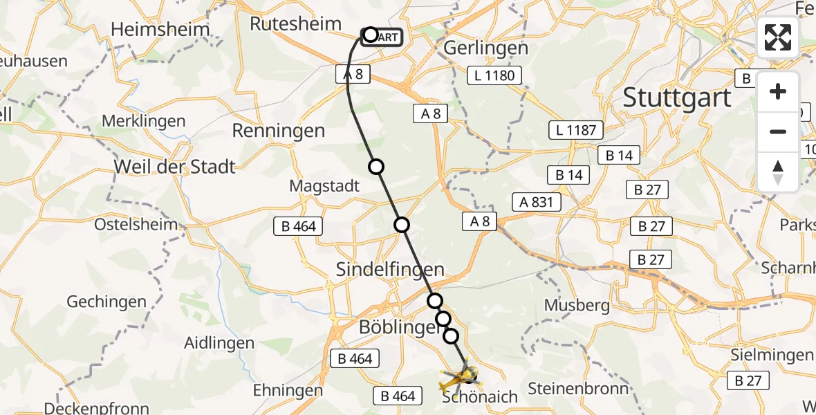 Flugroute Rettungshubschrauber Leonberg Hospital - Schönaich, 26 Juni 2026, 12:48
