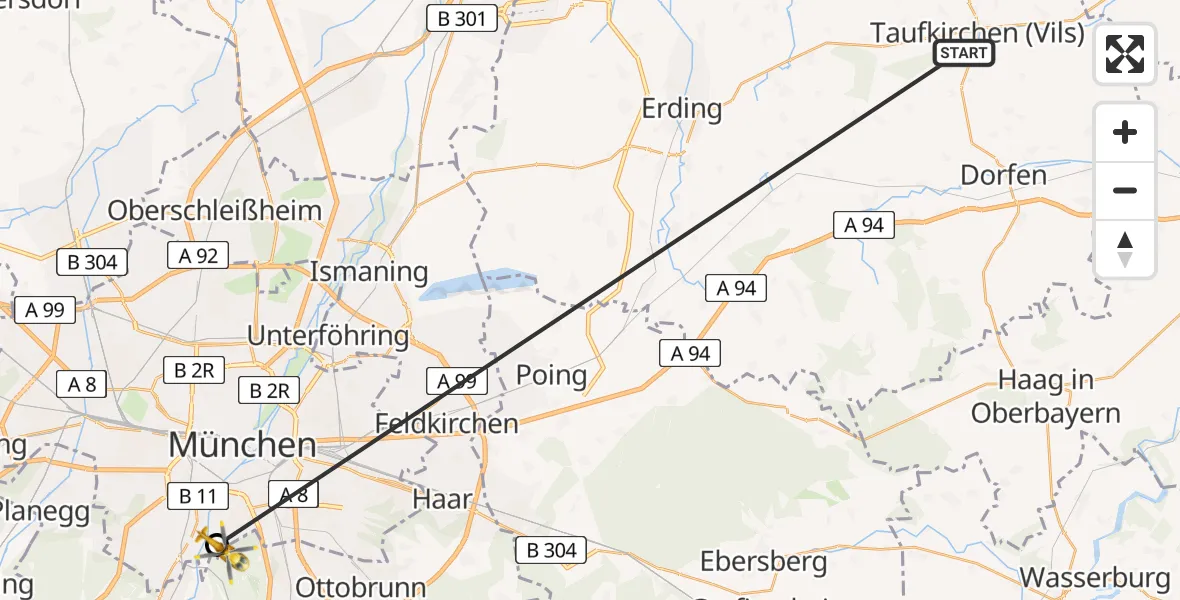 Flugroute Rettungshubschrauber Taufkirchen (Vils) - ADAC Air Rescue Center Hubschrauberlandeplatz (Christoph 1), 26 Juni 2026, 12:50