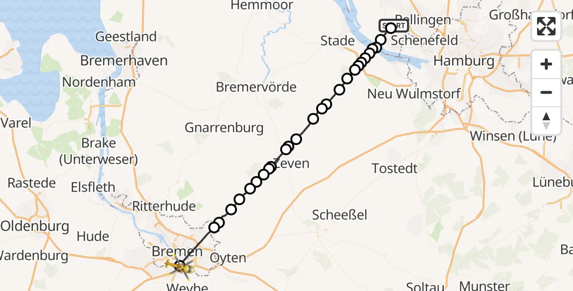 Flugroute Rettungshubschrauber Heist - ADAC Air Rescue Station Bremen Hubschrauberlandeplatz (Christoph 6), 26 Juni 2026, 12:51