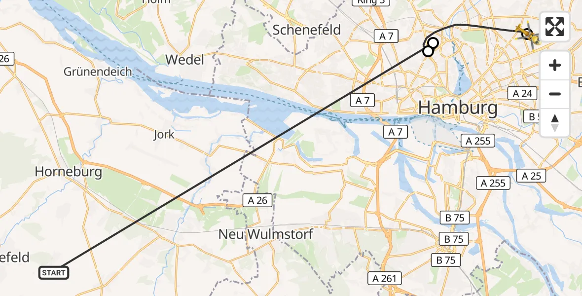 Flugroute Rettungshubschrauber Harsefeld - Hamburg Military Hospital, 26 Juni 2026, 12:51