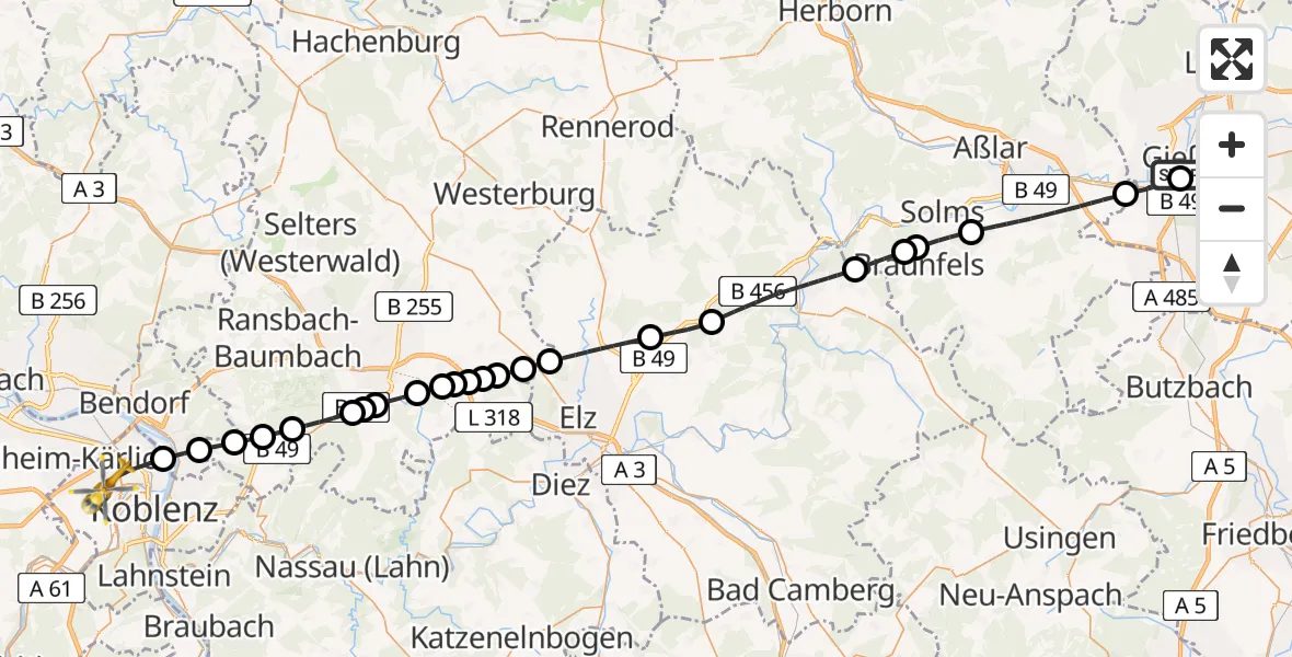Flugroute Rettungshubschrauber Gießen University Hospital - Koblenz, 26 Juni 2026, 12:54