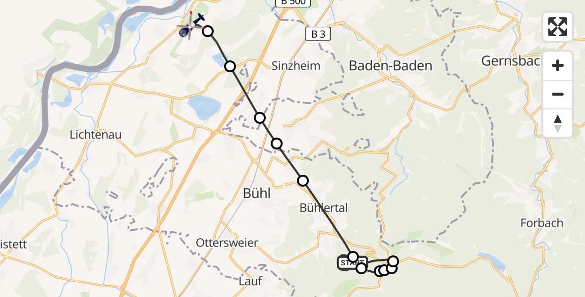 Flugroute Polizeihubschrauber Bühlertal - Karlsruhe Baden-Baden Flughafen, 26 Juni 2026, 12:56