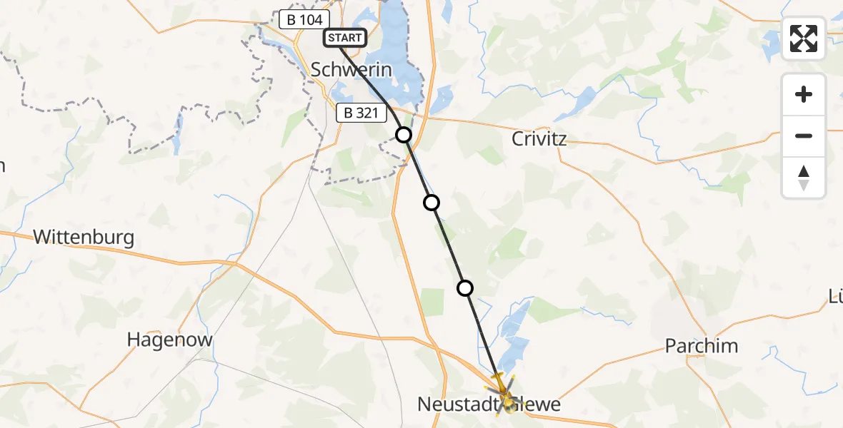 Flugroute Rettungshubschrauber Schwerin - Neustadt-Glewe, 26 Juni 2026, 12:56