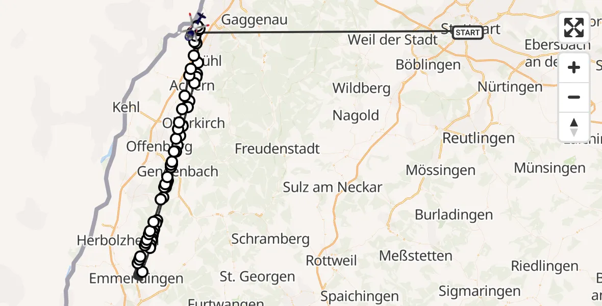 Flugroute Polizeihubschrauber Stuttgart - Karlsruhe Baden-Baden Flughafen, 26 Juni 2026, 13:01