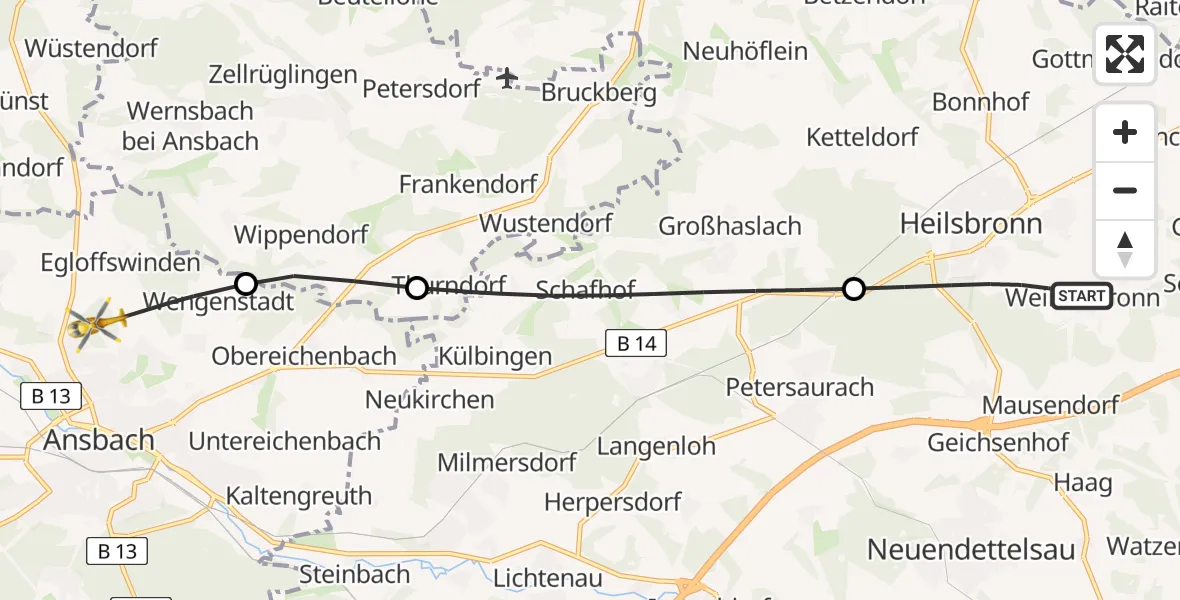 Flugroute Rettungshubschrauber Heilsbronn - Ansbach, 26 Juni 2026, 13:05