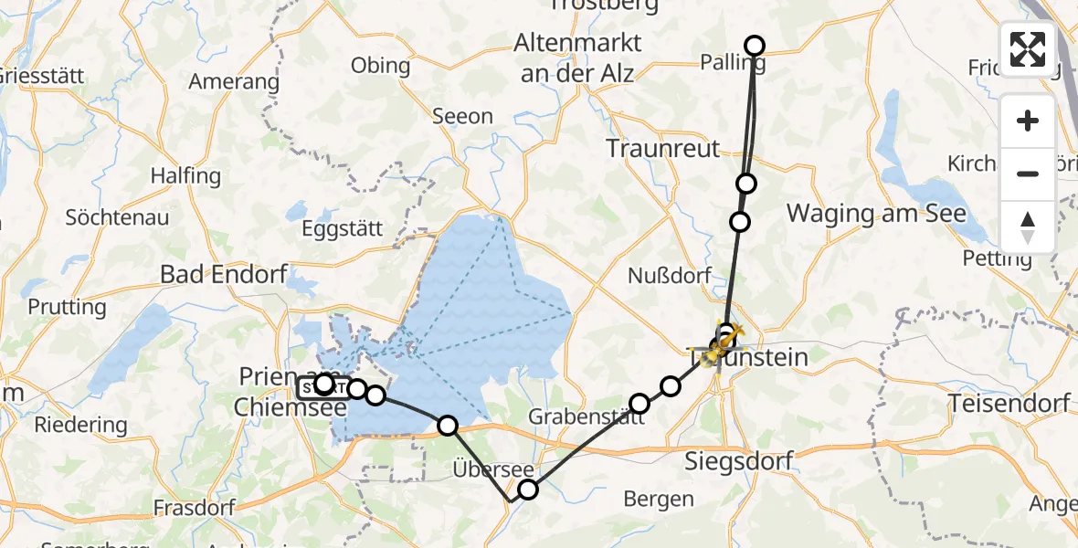 Flugroute Rettungshubschrauber Chiemsee (See) - Traunstein Hospital, 26 Juni 2026, 13:08