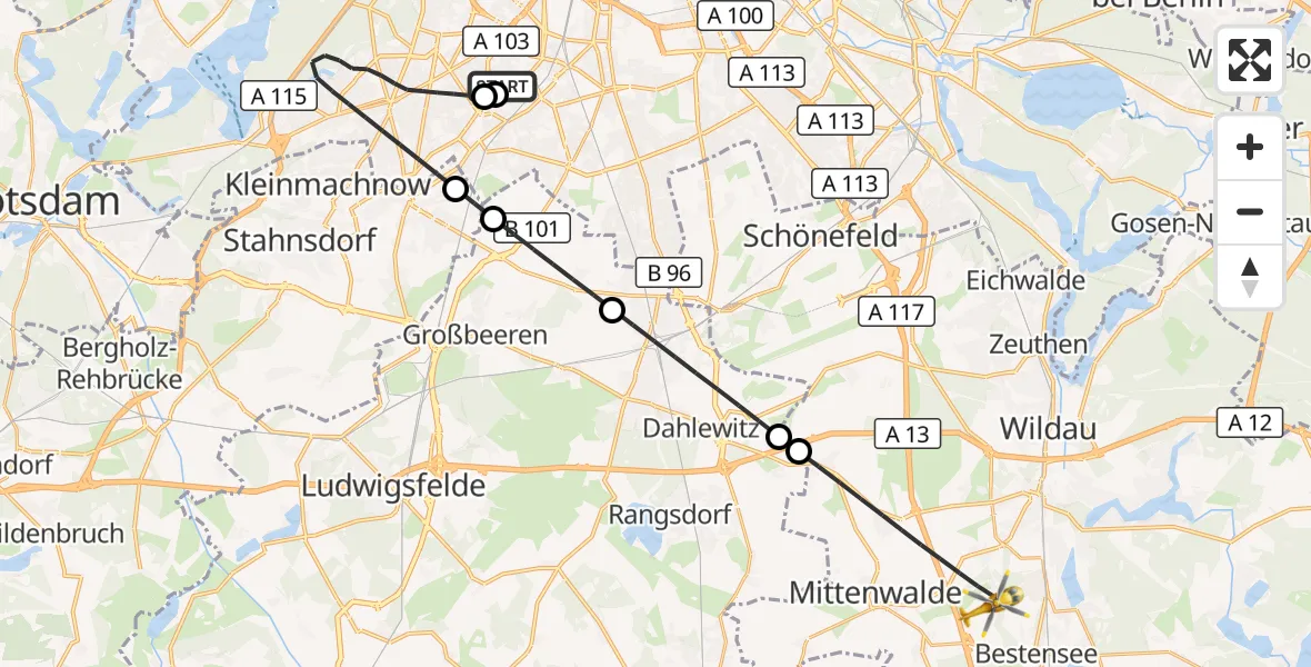 Flugroute Rettungshubschrauber Charité Clinic Benjamin Franklin Campus - Mittenwalde, 26 Juni 2026, 13:09