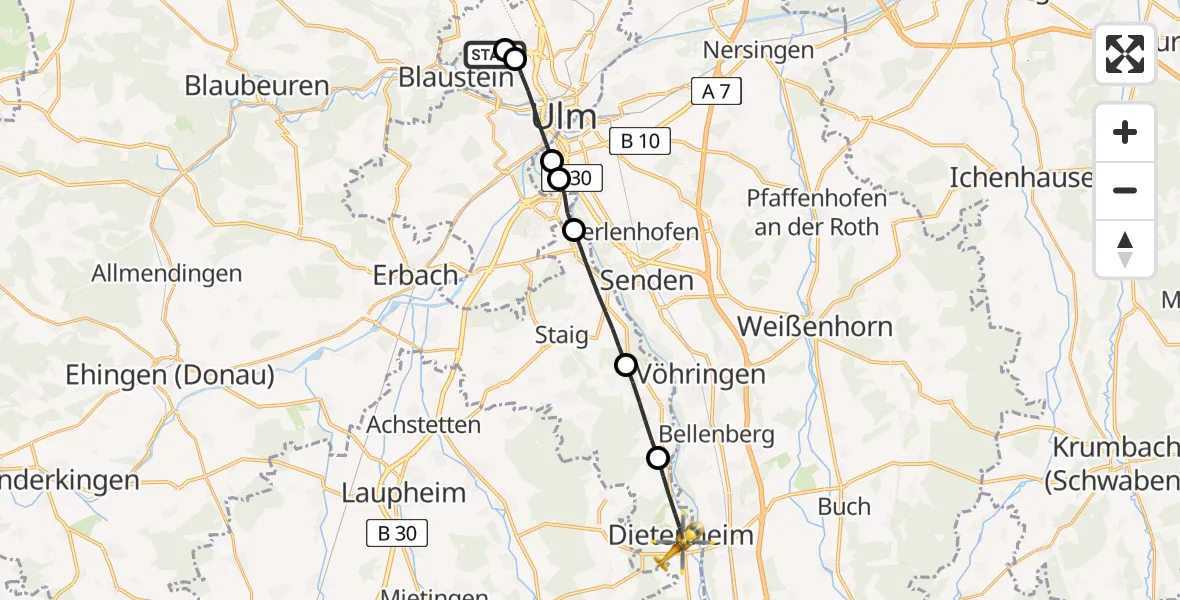 Flugroute Rettungshubschrauber Ulm Military Hospital Emergency - Dietenheim, 26 Juni 2026, 13:15