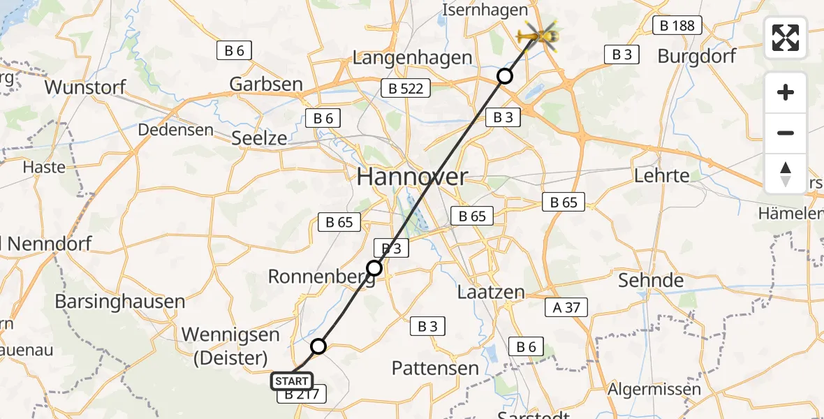 Flugroute Rettungshubschrauber Wennigsen (Deister) - Isernhagen, 26 Juni 2026, 13:15
