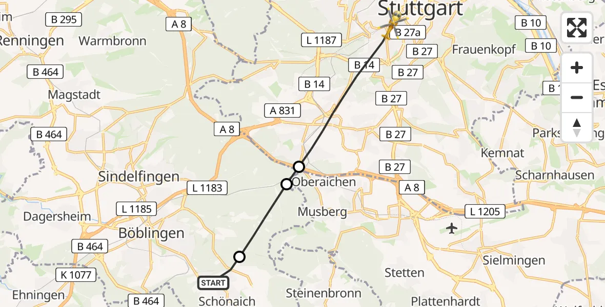 Flugroute Rettungshubschrauber Schönaich - Stuttgart, 26 Juni 2026, 13:28