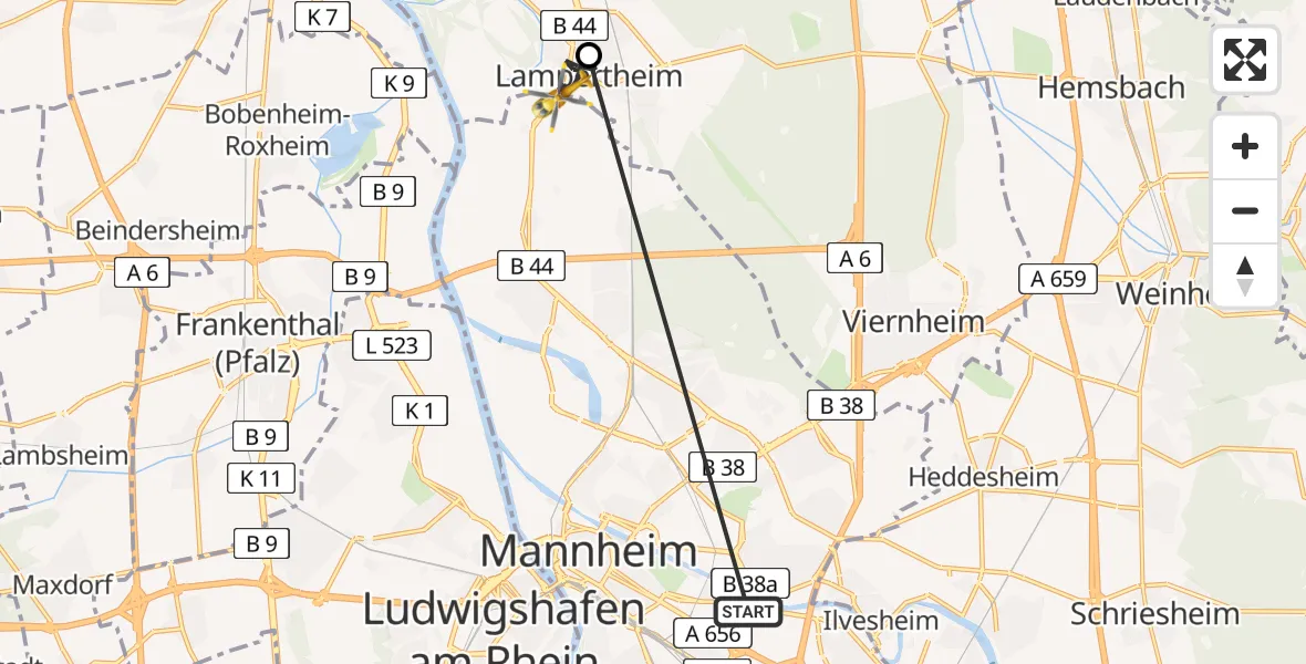Flugroute Rettungshubschrauber Mannheim-City Flughafen - Lampertheim, 26 Juni 2026, 13:32