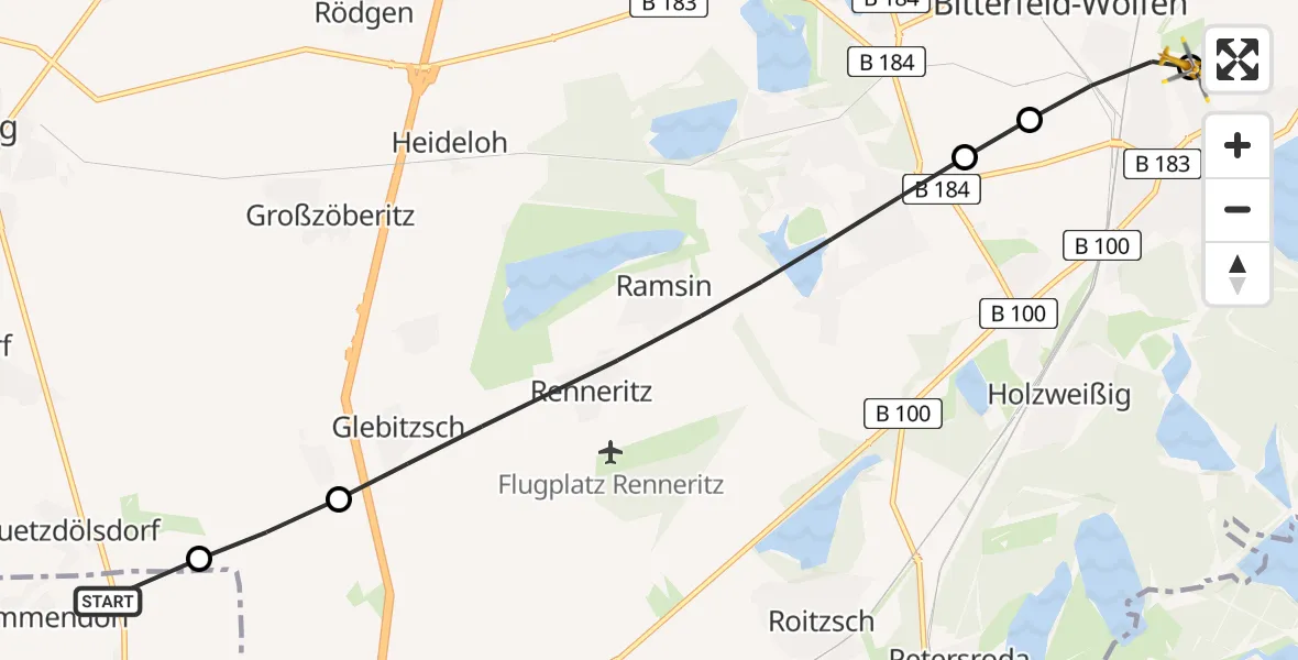 Flugroute Rettungshubschrauber Landsberg - Bitterfield-Wolfen Health Center Hubschrauberlandeplatz, 26 Juni 2026, 13:38
