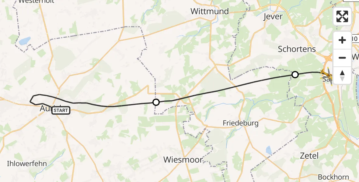 Flugroute Rettungshubschrauber Aurich - Sande, 26 Juni 2026, 13:40