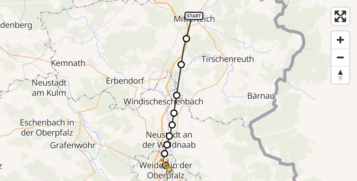 Flugroute Rettungshubschrauber Mitterteich - Weiden Hospital, 26 Juni 2026, 13:41