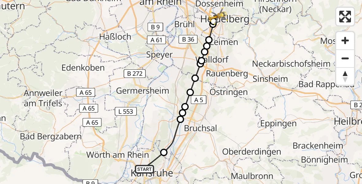 Flugroute Ambulanzhubschrauber Karlsruhe - Heidelberg, 26 Juni 2026, 13:41