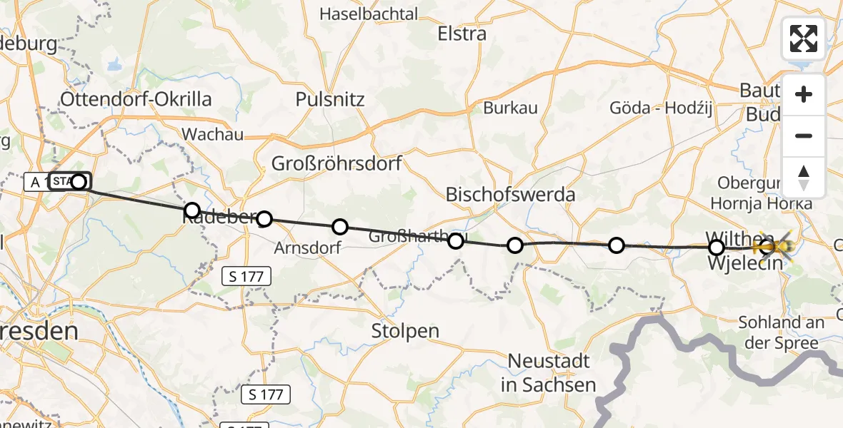 Flugroute Rettungshubschrauber Dresden Bundespolizei Hubschrauberlandeplatz - Schirgiswalde-Kirschau, 26 Juni 2026, 13:42