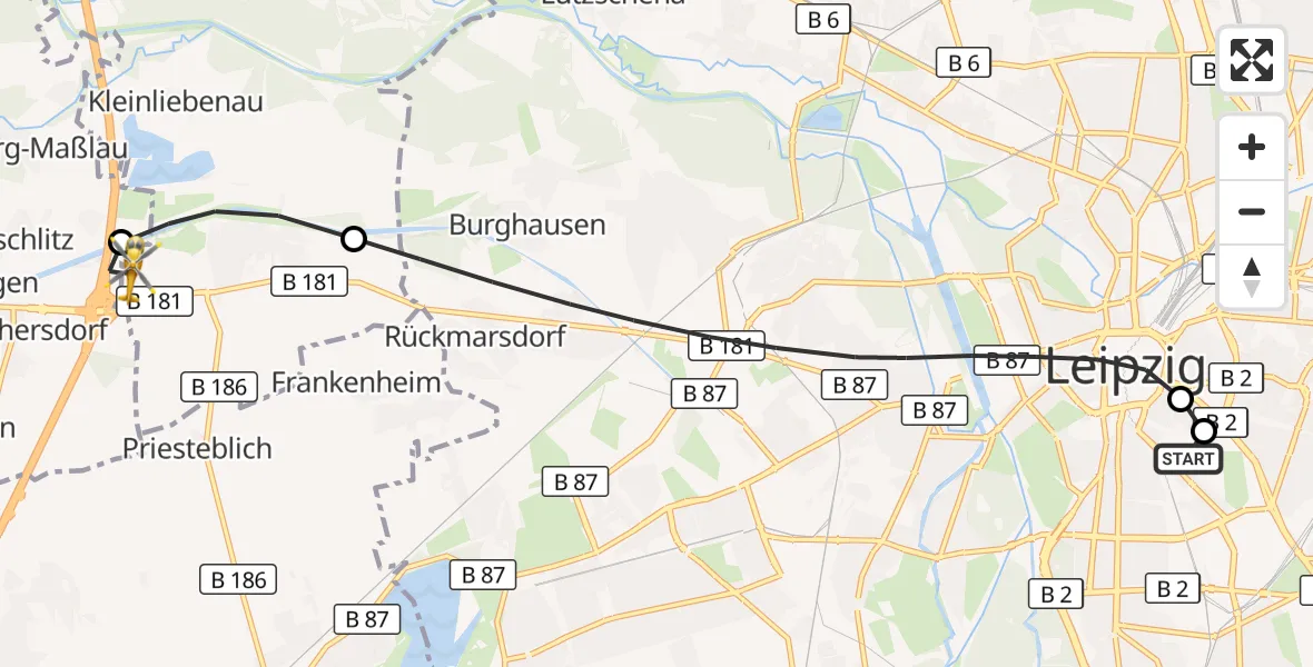 Flugroute Rettungshubschrauber Leipzig University Hospital Heliport 1 - ADAC Air Rescue Station Leipzig/Schkeuditz-Dölzig Hubschrauberlandeplatz (Christoph 61), 26 Juni 2026, 13:42