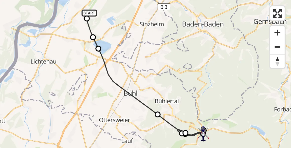 Flugroute Polizeihubschrauber Karlsruhe Baden-Baden Flughafen - Forbach, 26 Juni 2026, 13:43