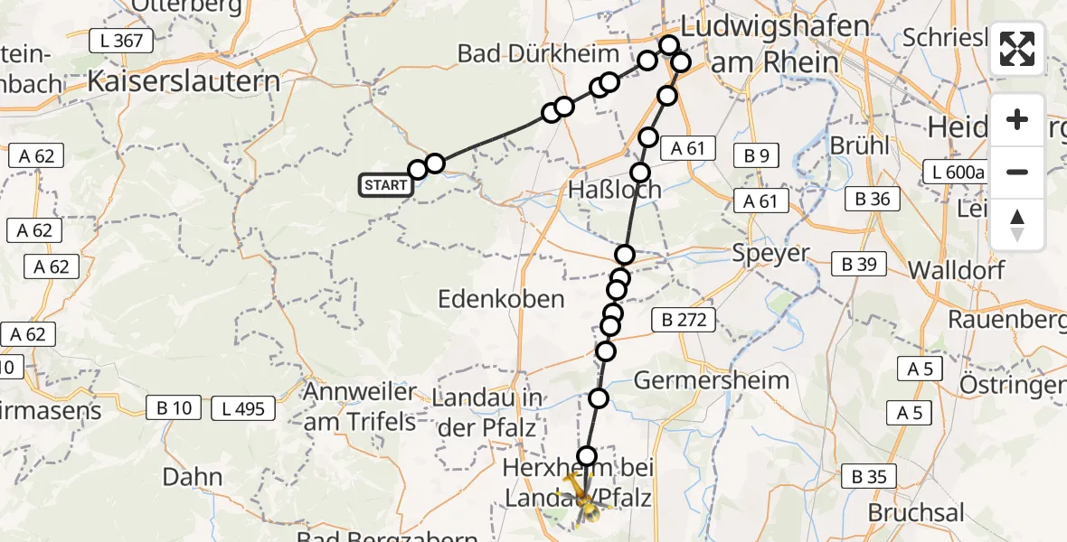 Flugroute Rettungshubschrauber Esthal - Herxheim bei Landau/Pfalz, 26 Juni 2026, 13:45