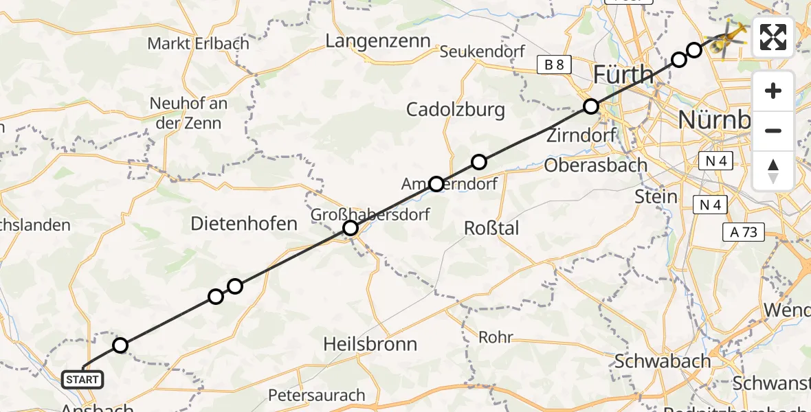 Flugroute Rettungshubschrauber Ansbach - Flughafen Nuremberg, 26 Juni 2026, 13:45