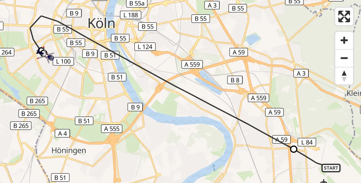 Flugroute Polizeihubschrauber Köln Bonn Flughafen - Köln University Hospital, 26 Juni 2026, 13:49