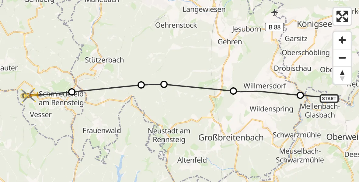 Flugroute Rettungshubschrauber Schwarzatal - Suhl, 26 Juni 2026, 13:50