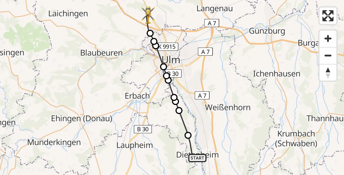 Flugroute Rettungshubschrauber Dietenheim - Dornstadt, 26 Juni 2026, 13:52